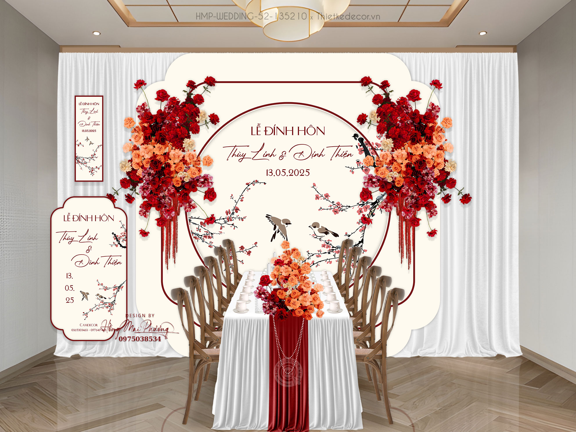 Backdrop gia tiên họa tiết cành đào tone kem, kèm tag bàn và tem nước